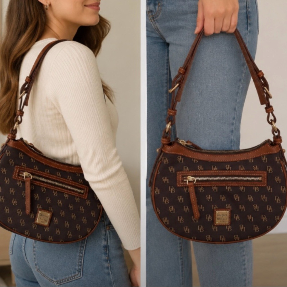 VTG Dooney & Bourke Brown Signature Crescent Shoulder Bag